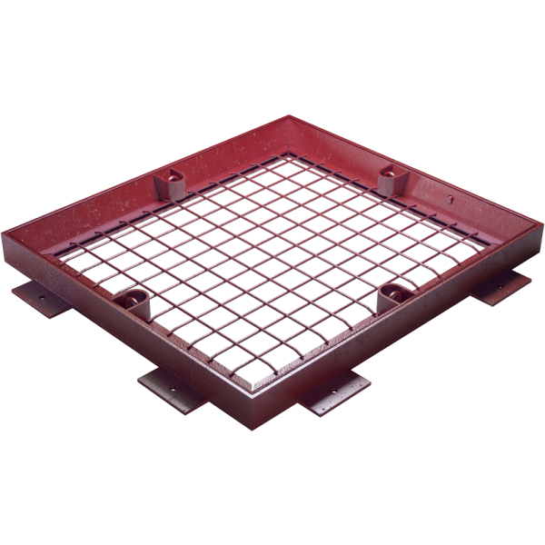 2210 – TAPA Y MARCO SIMPLE DM-2210 ACERO PARA HORMIGONAR 960x860MM (ENEL) PINTADA EN ROJO C250