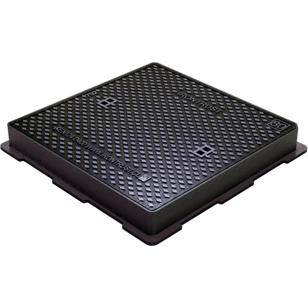 792 – TAPA Y MARCO ACERO DUCTIL LOGO IRONTRUST 800x800mm D400